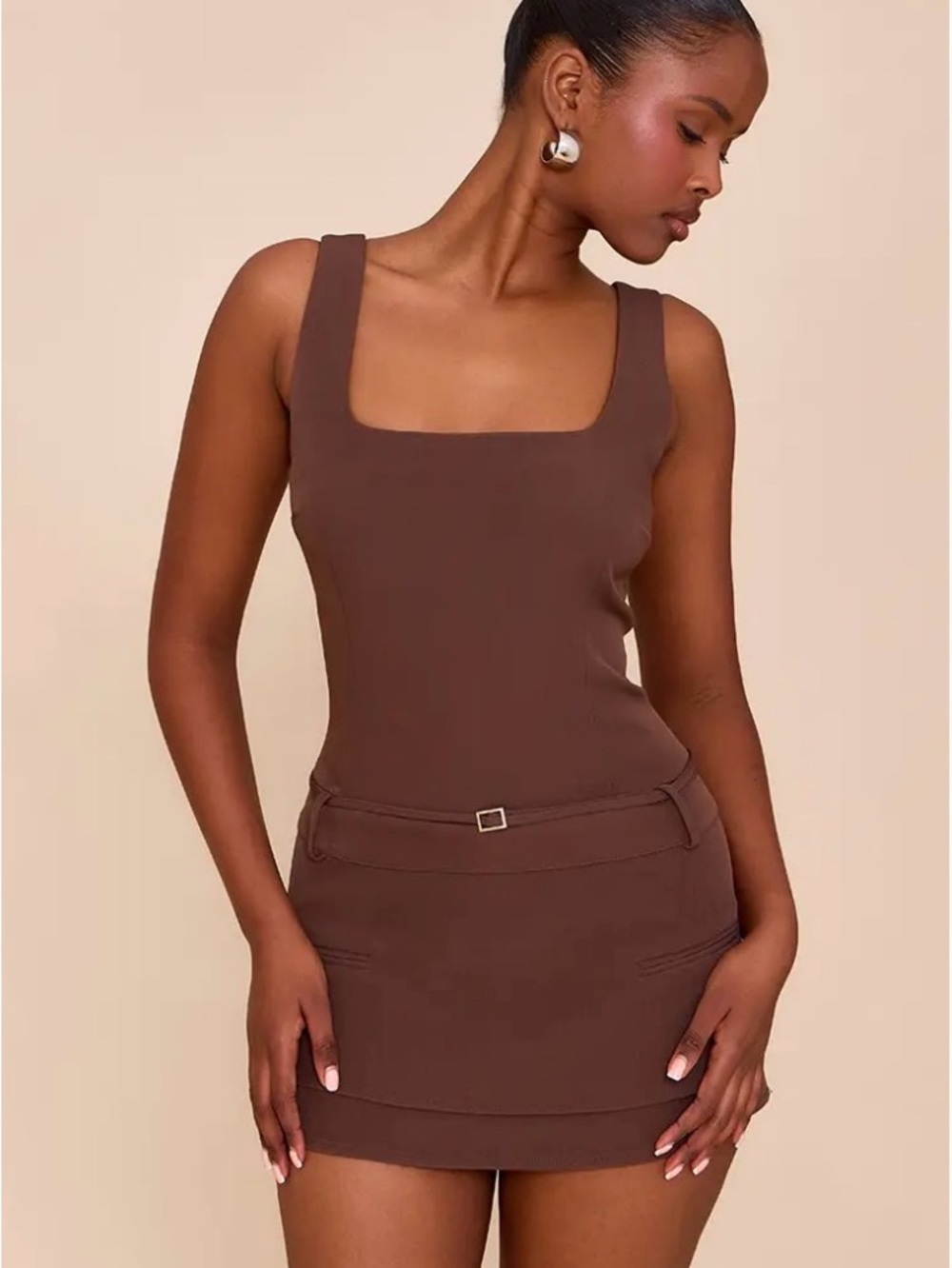 PrettyLittleThing Chocolate Brown Square-Neck Tank Mini Romper